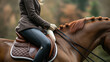 © RISHAD - Woman sitting on a horse, wearing a brown jacket and riding gloves, in an outdoor setting, showcasing equestrian lifestyle
