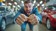 © RISHAD - Angry man with clenched fists, yelling in a car showroom, surrounded by vehicles, displaying intense emotion and frustration