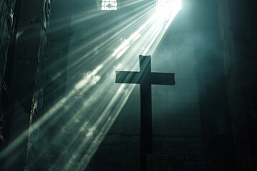 Wall Mural - Sun rays are illuminating a cross in a dark church