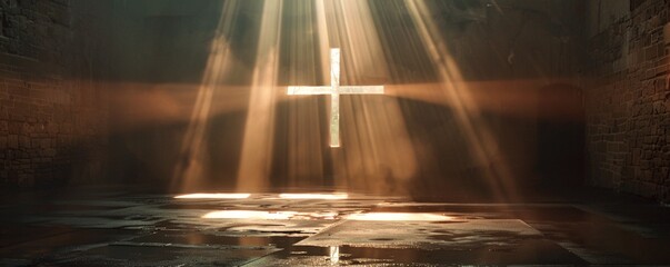 Wall Mural - Light is shining through the ceiling of an old church building onto a cross