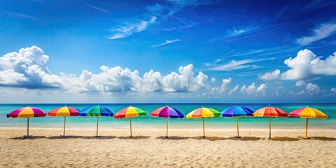 Wall Mural - Vibrant summer beach scene with colorful umbrellas lining the shore , Beach, Summer, Umbrellas, Vibrant, Colorful, Vacation