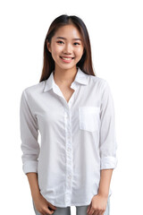 Wall Mural - Beautiful young asian girl in a white shirt, smiling and looking at the camera, isolated, transparent background, no background. PNG.