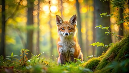 Sticker - Playful fox in a vibrant forest setting , fox, woodland, nature, animal, wildlife, trees, green, leafy, playful, cute