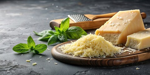 Poster - Sliced and grated parmesan cheese on stone table, parmesan, cheese, sliced, grated, stone, table, gourmet, dairy, food