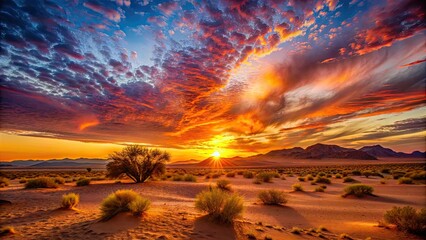 Sticker - Vibrant sunset in the desert landscape , desert, sun, sky, horizon, dusk, sand dunes, natural beauty, tranquil, remote, orange