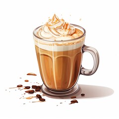 A tall clear glass of cappuccino with frothy foam on white background. Modern design, ribbed texture, rich dark brown coffee, light creamy foam. Well-lit, professional image for marketing materials.