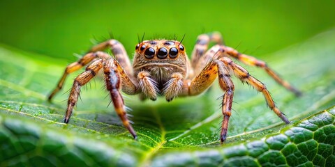 Sticker - Macro close-up of a spider on a green leaf in nature, spider, arachnid, close-up, macro, leaf, nature, wildlife, insect, bug