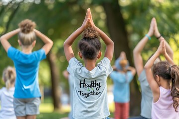 Children are actively engaged in yoga at the outdoor park, promoting a wholesome lifestyle. 