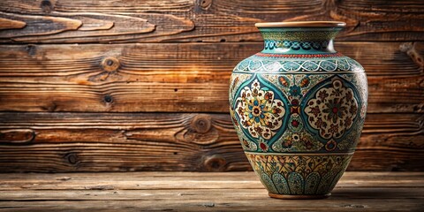 Sticker - Vintage pottery vase against weathered wooden background showcasing intricate designs and textures , vintage, pottery