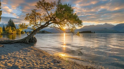 Sticker - The peaceful sunrise over Lake Wanaka casts a golden glow on the Wanaka tree, highlighting its beauty and the serene waters of Wanaka, New Zealand.