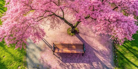 Sticker - Overhead shot of cherry blossom tree in full bloom with pink petals creating dreamy canopy over park bench, spring, cherry blossom