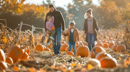 in the countryside, children joyfully pick pumpkins, soaking up the festive spirit of the harvest se