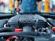 © nitnicha - Close-up of car engine in a workshop with a mechanic in the background, showcasing detailed automotive engineering and parts.