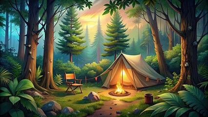 Sticker - Illustrated tent camping scene with plants, trees, and a cozy campfire , camping, tent, plants, trees, nature, outdoors, adventure