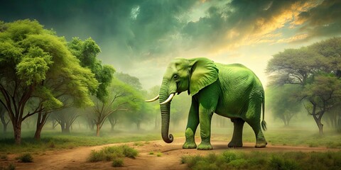 Sticker - Green elephant walking in the wilderness, elephant, green, wilderness, nature, walking, wildlife, jungle, majestic, peaceful