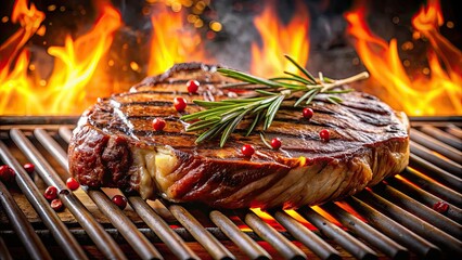 Canvas Print - Juicy steak grilling on the barbecue , grilled, barbecue, cooking, sizzling, meat, food, flame, summer, delicious, outdoor