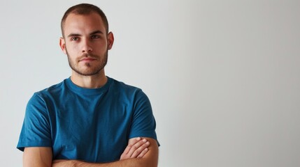 Man wearing blue t shirt with copy space on white background