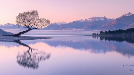 Wall Mural - The soft glow of sunrise envelops the Wanaka tree, casting ethereal light on Lake Wanaka and creating a serene morning scene in Wanaka, New Zealand.