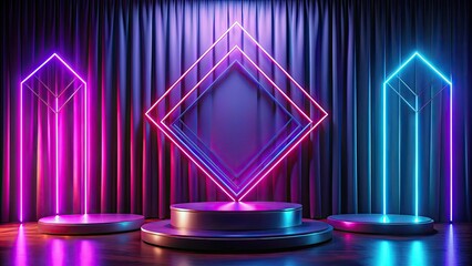 Canvas Print - Luxury neon abstract podium with geometric shapes and elegant curtains , luxury, colourful, neon, abstract, elegant