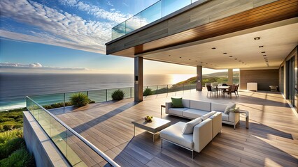 Poster - House with spacious patio overlooking the ocean, house, patio, ocean, view, summer, home, relaxation, scenic, outdoor