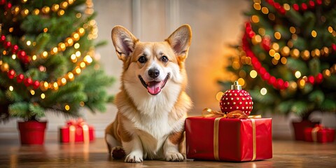 Poster - Happy corgi sitting in front of a Christmas tree with red gifts in the background, corgi, happy, Christmas, tree, gifts, red