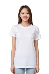 Attractive young korean girl wearing white shirt, smiling and looking at the camera, isolated, transparent background, no background. PNG.