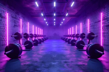 Wall Mural - futuristic gym with neon pink lights and exercise equipment, vibrant and high-tech, vector illustrat