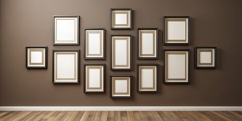 Wall Mural - Square blank frames on espresso brown gallery wall, blank, frames, square, modern, gallery, setting, interior, design, exhibition