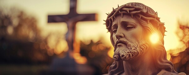 Wall Mural - Bust of jesus christ wearing a crown of thorns with a cross in the background at sunset