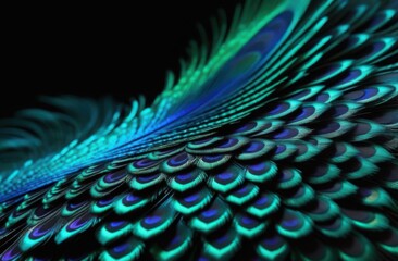 Abstract black background with blue and green waves, with peacock colors