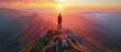 © Karn AS Images - Man on mountain top at sunrise, warm lighting, aerial perspective, adventure style