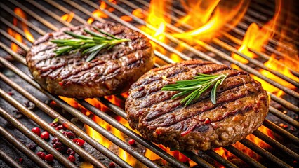 Poster - Sizzling beef patty and plant-based patty side-by-side on a grill, food, burgers, grilling, barbecue, meat, vegetarian, plant-based