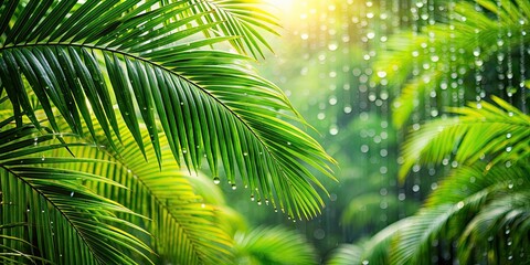 Canvas Print - Raindrops glistening on lush green leaves of palm trees in the forest, rain, forest, green, leaves, palm trees, nature