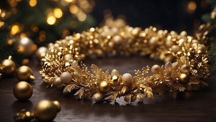 Christmas and New Year gold holiday wreath.