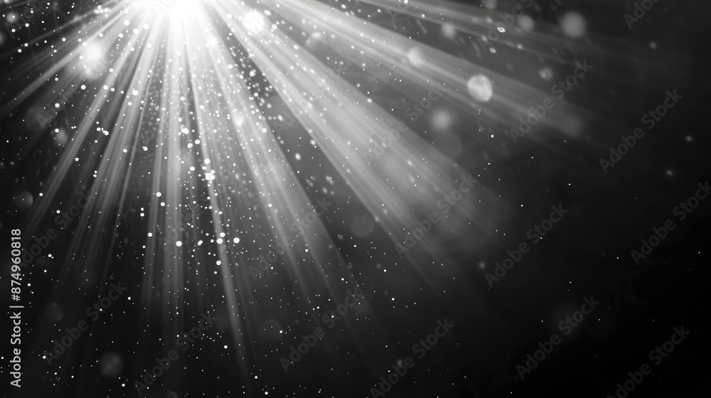 Sun rays and lens flare on black and white background with glowing ...