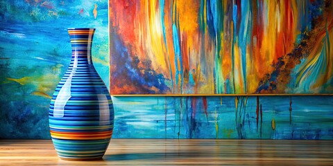 Canvas Print - Vase with blue stripes in front of vibrant abstract canvas, contemporary art, vase, blue stripes, vibrant, abstract