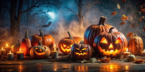 Wall Mural - Spooky Halloween decorations and carved pumpkins in a dark and eerie setting, Halloween, spooky, decorations, carved pumpkins