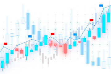 Fototapete - Abstract stock market chart with blue and red bars, a line graph on a grid, representing financial data analysis. 3D Rendering
