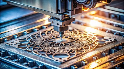 Poster - printer creating intricate mechanical detail using metal powder in workshop , technology