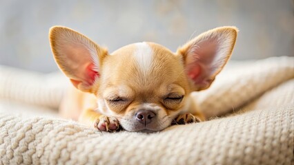 Sticker - Golden chihuahua puppy peacefully sleeping on comfortable bed, Chihuahua, puppy, golden, sleeping, peaceful, cozy, bed, canine, pet