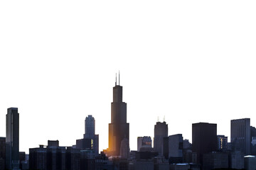 The Chicago city skyline at sunset with a glowing sun behind skyscrapers on a white background, perfect for design templates