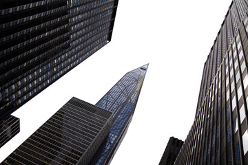 Wall Mural - Upward view of modern skyscrapers against a white background, suggesting an urban cityscape concept