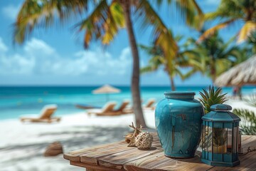 Tranquil Beach Scene with Blue Decor