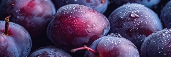 Wall Mural - Close-up of ripe purple plums with water droplets on the skin