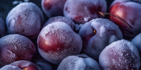 Poster - Close-up of a cluster of frosted purple plums with visible icy details