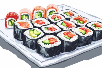 A mouthwatering plate of sushi featuring a variety of colorful rolls with fresh ingredients, perfect for a delicious meal. The vibrant colors and fresh ingredients will make your taste buds dance.