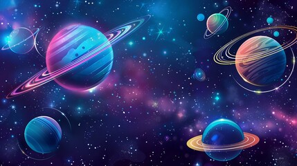 Colorful planets with rings shining in a dark blue space, perfect for space and astronomy themes.