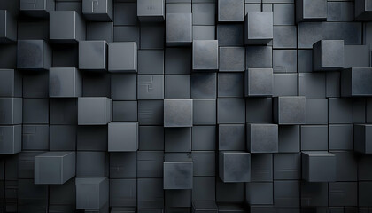 Wall Mural - 3D rendered wall filled with black cubes. Background texture Black cube background with a modern, mysterious feel. Abstract geometric pattern of black cubes in a 3D space.