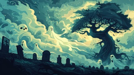 A Halloween illustration featuring a misty graveyard with tombstones, ghostly figures, and a large, menacing tree under a cloudy night sky