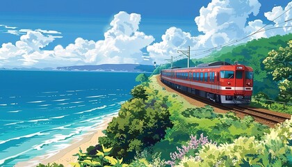 Wall Mural - Train driving by the sea daytime, anime style cartoon